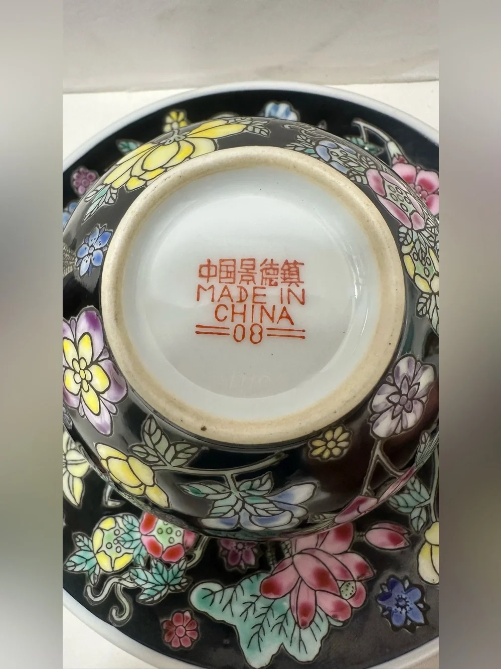 2 Jingdezhen Famille Noire teacup Sets Rose Noire Pink Peonies Black Mille Fleur